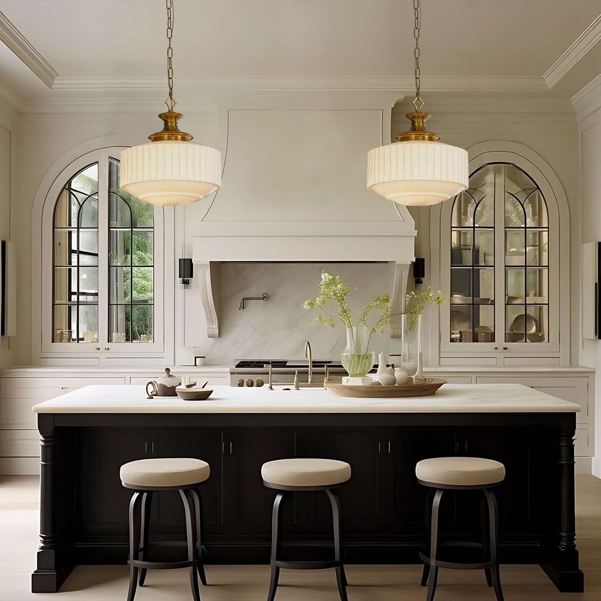 Vintage Brass Milk Glass Pendant Light Fixture, 13.8" White Pleated Glas...