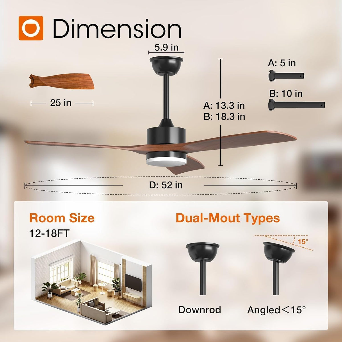 addlon 52 Inch Solid Wood Ceiling Fans with Lights and Remote Control