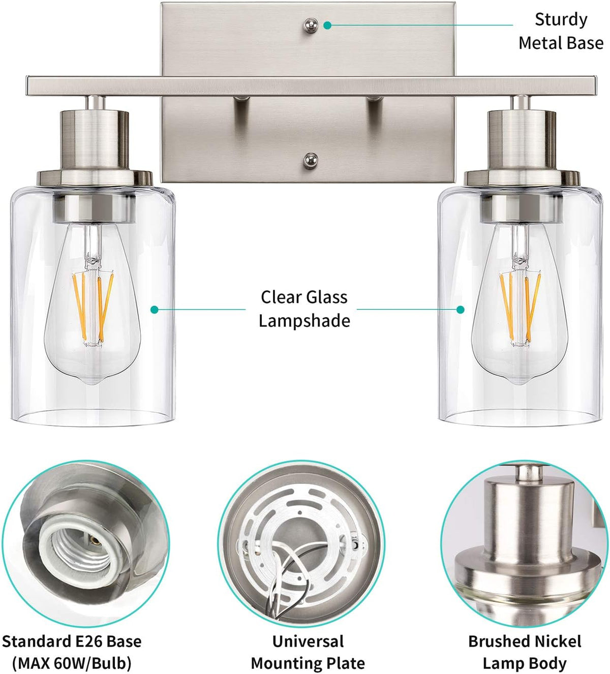ShineTech 2-Light Bathroom Vanity Light, Brushed Nickel Modern Wall Sconce