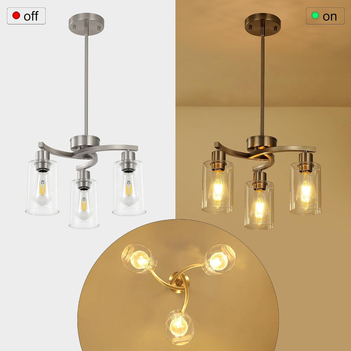 3 Light Brushed Nickel Dining Room Light Fixture,Modern Kitchen Chandeliers O...