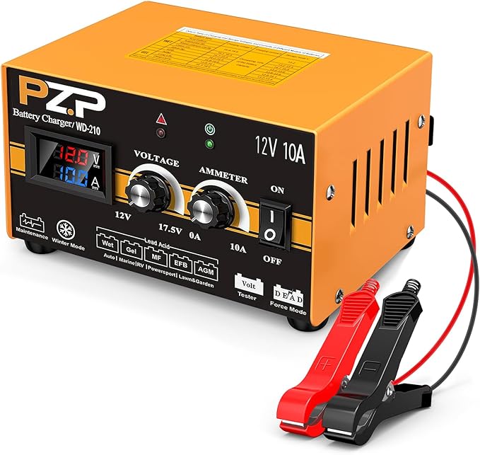 PZP 12V Manual Battery Charger Maintainer, 0 to 10A Arbitrarily Adjustable Car
