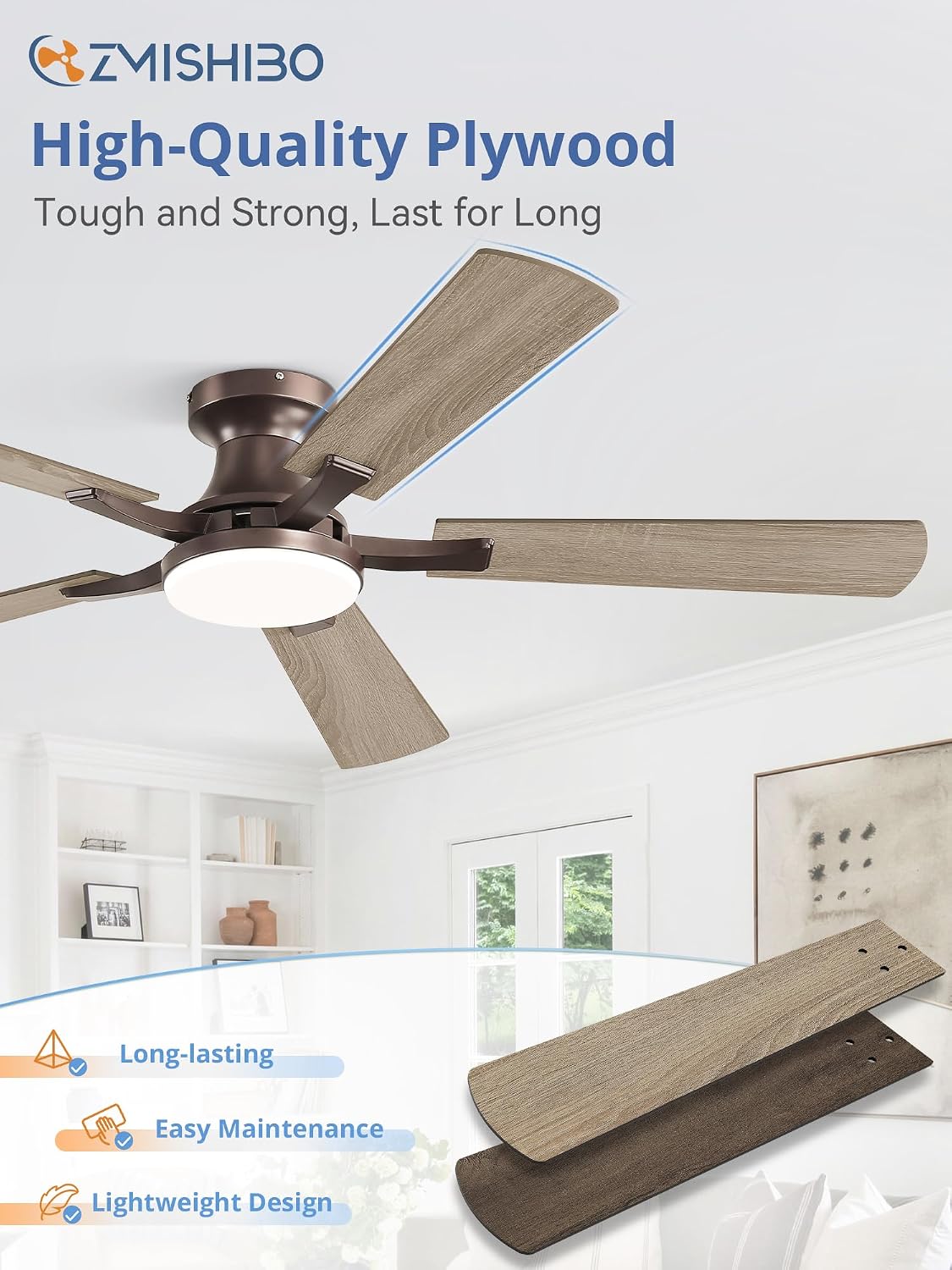 ZMISHIBO 52 Inch Ceiling Fans with Lights, Remote&App Control, Flush Mount