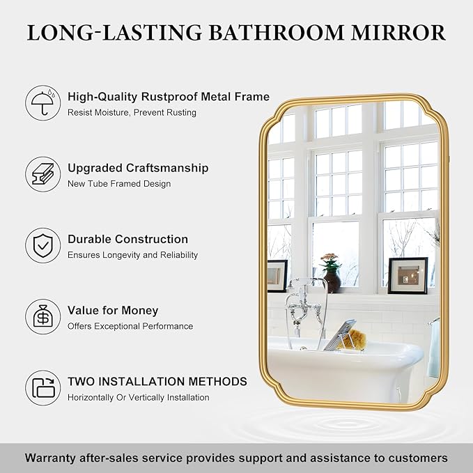 Gold Bathroom Vanity Mirror for Wall 24" x 36" Modern Rounded Recta...