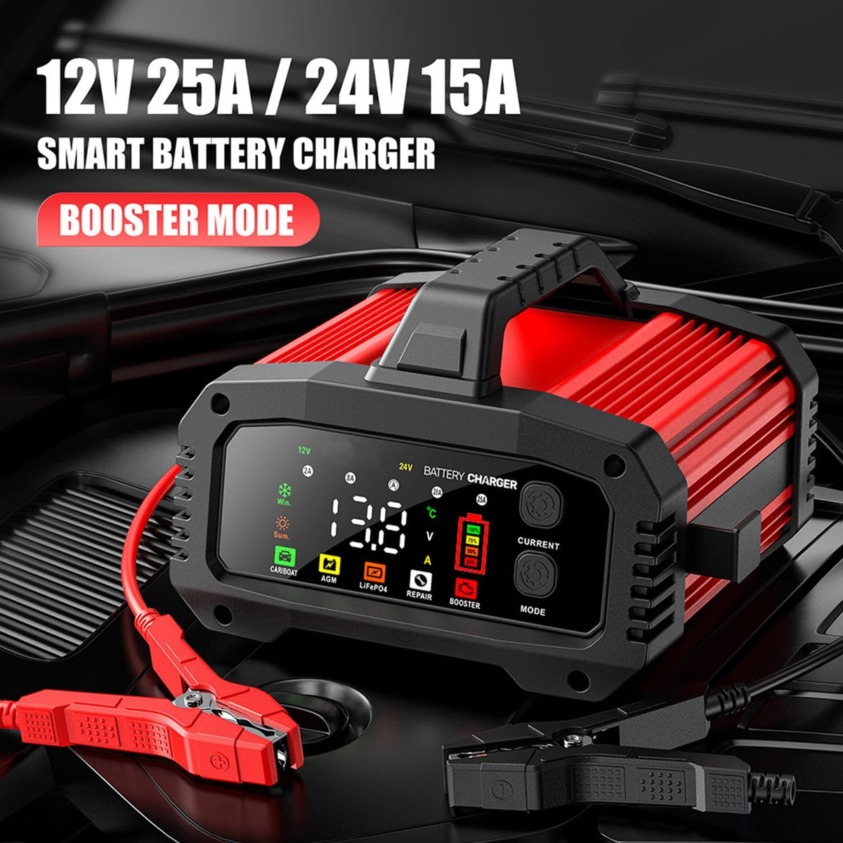 25A 12V/24V Smart Car Battery Charger, 2/8/20/25A Adjustable Current Pulse De...