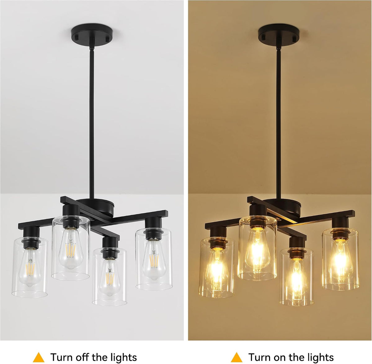 4-Light Modern Farmhouse Black Chandelier, Dining Room Light Fixture Over Tab...
