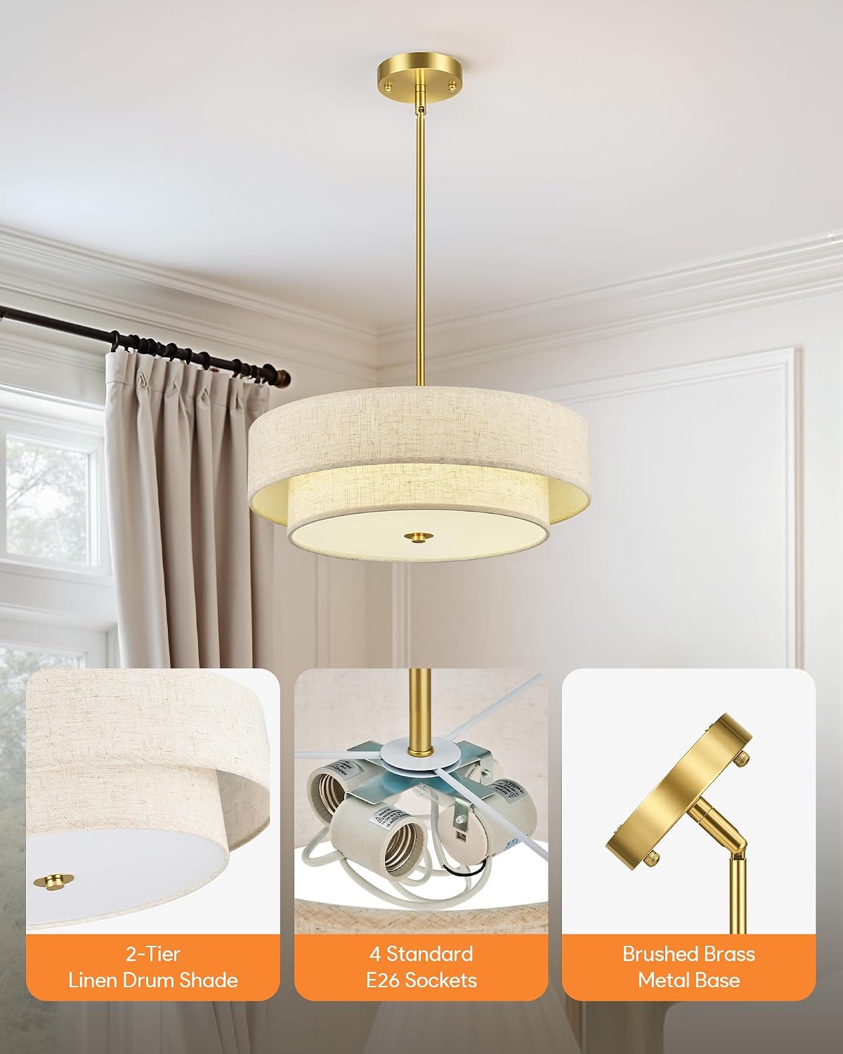 VONLUCE 18" Modern Drum Chandelier, 4-Light 2-Tier Linen Pendant Light