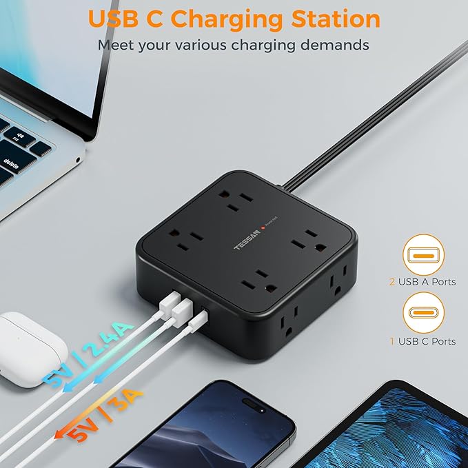 Long Extension Cord 25 FT, TESSAN Ultra Thin Flat Plug Power Strip Surge