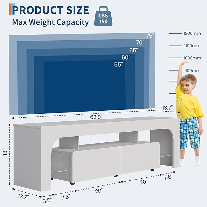 IDEALHOUSE LED TV Stand for 55 to 75 Inch TV, Modern TV Console Table