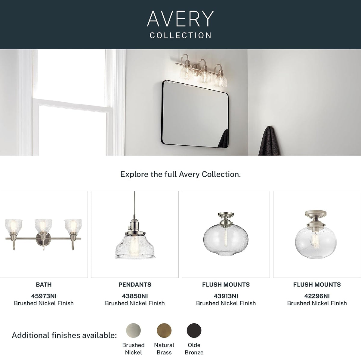 Kichler Avery 3-Light Farmhouse Vanity Light, Brushed Nickel