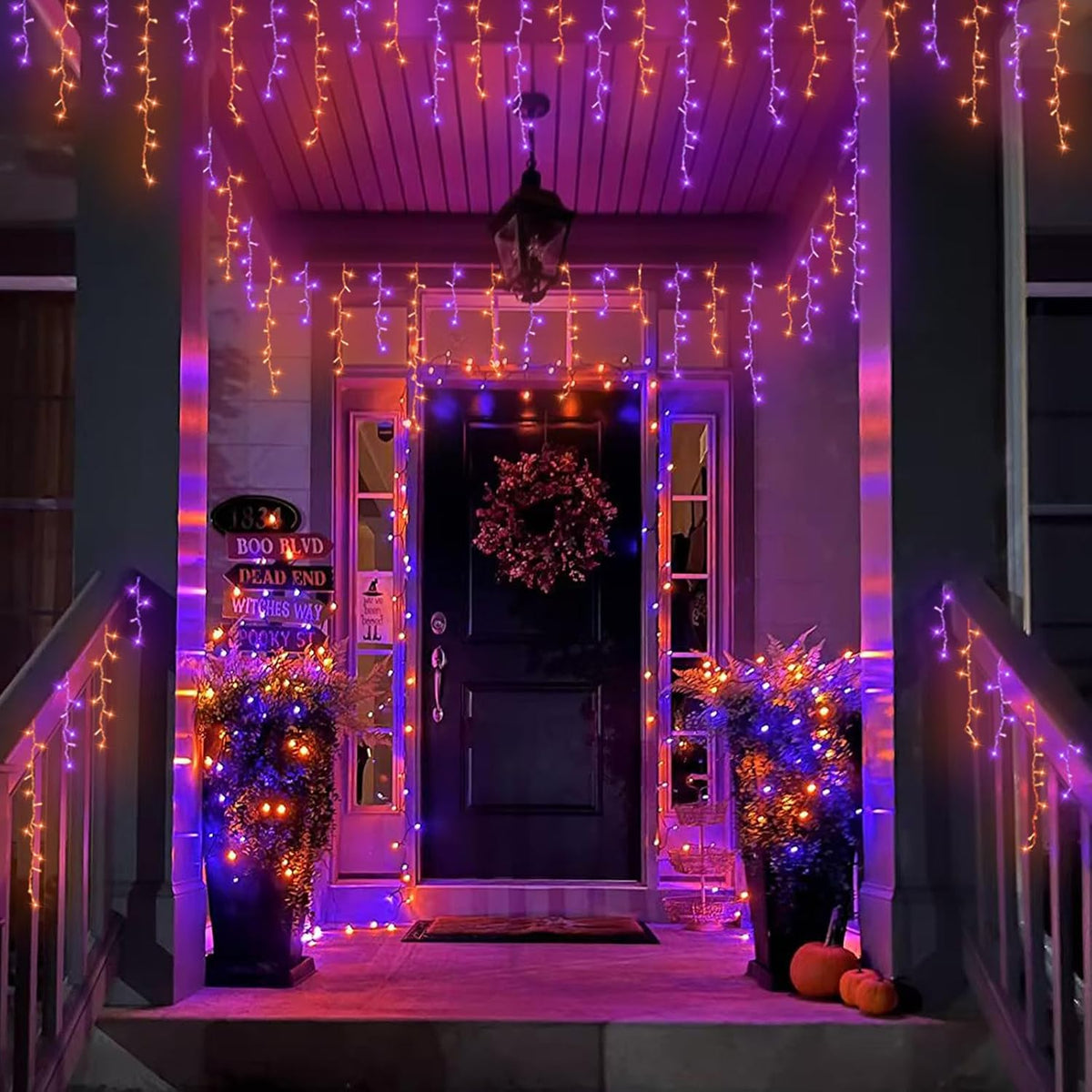 YEGUO 33ft 400 LED Orange and Purple Icicle Halloween Lights, 80 Drops Icicle...
