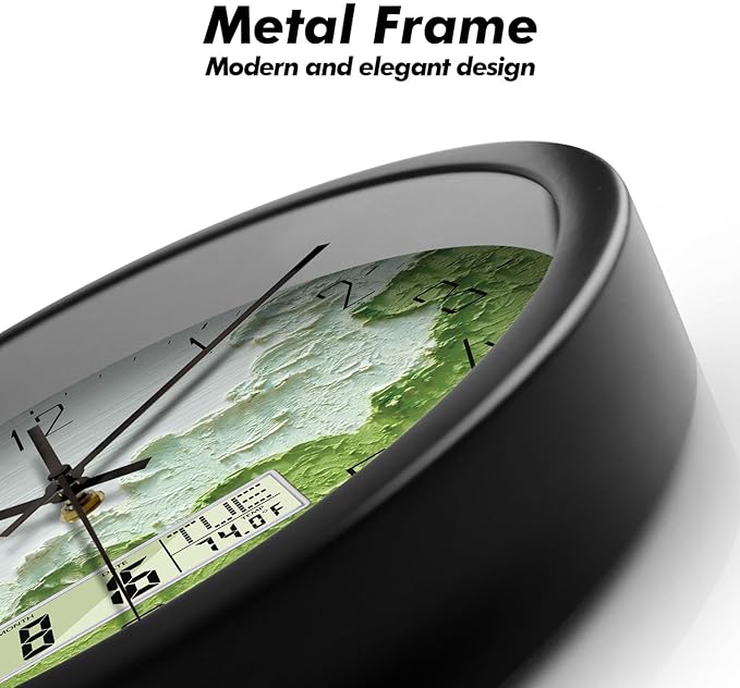 SCOAGE Modern Wall Clock with Temperature Green Forest Large Display