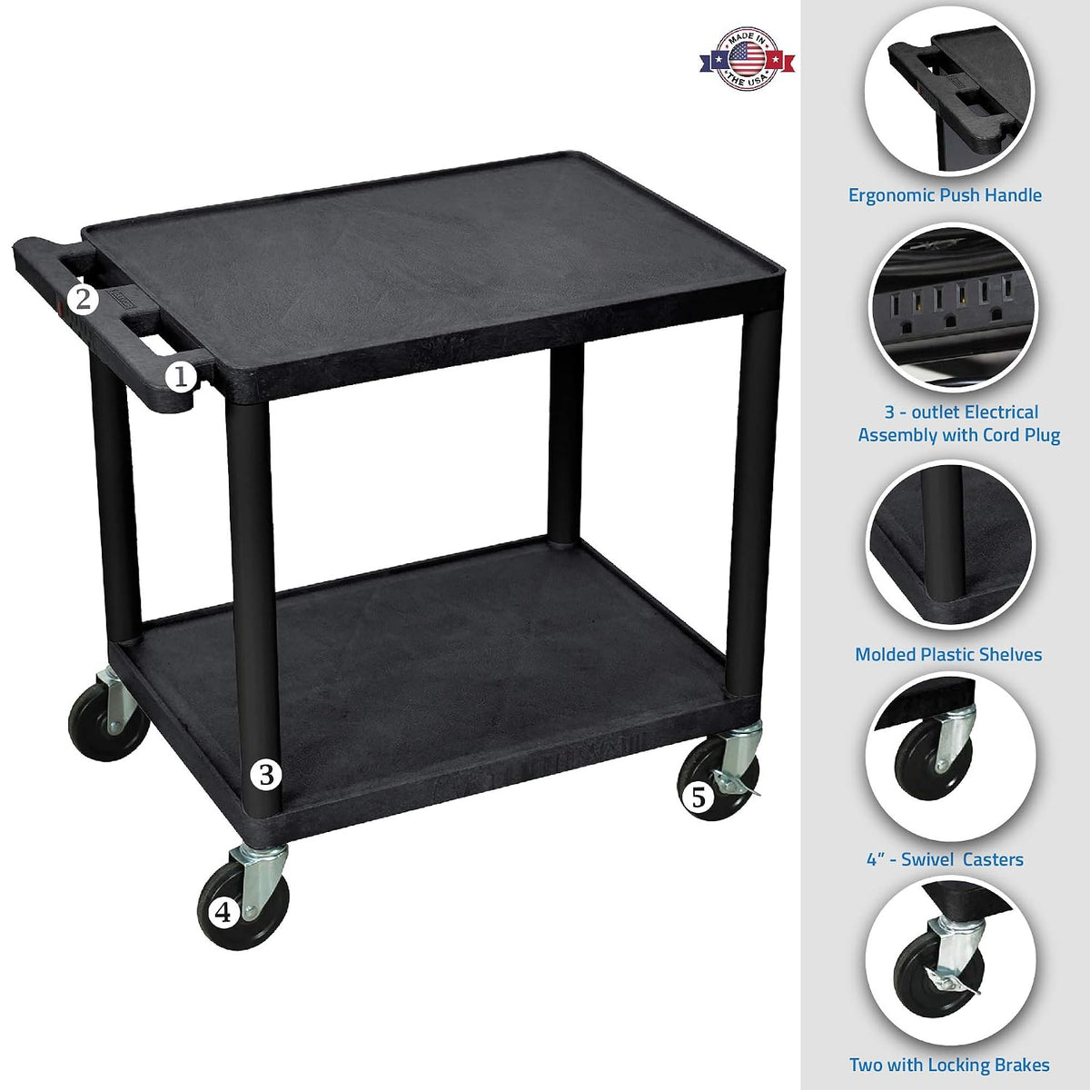 Luxor 26" H Black 2 Shelf A/V Multipurpose Utility Cart