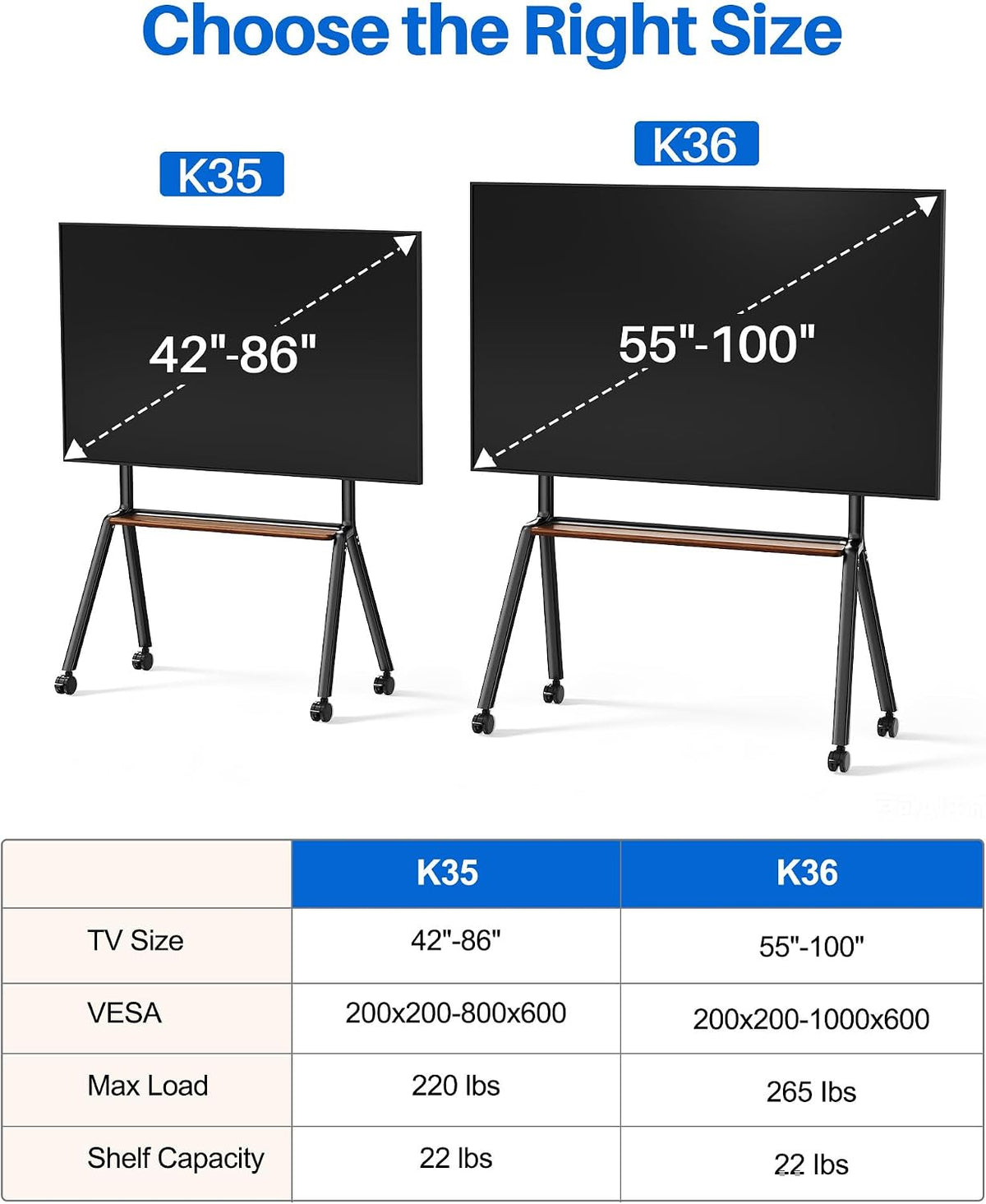 Rolling TV Stand for 55-100 Inch TVs,Mobile TV Cart Holds up to 265 lbs