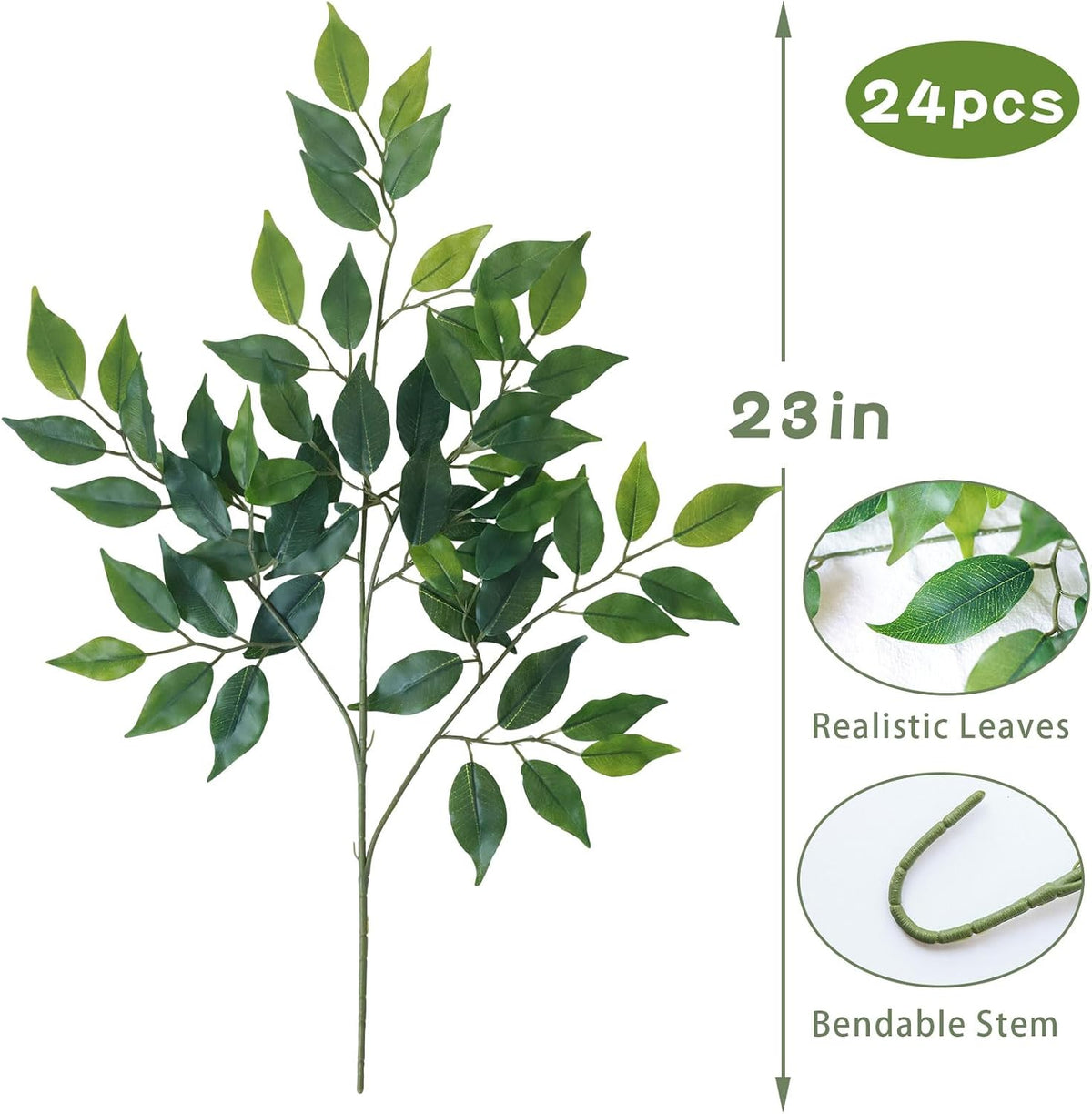 mizii 24pcs Artificial Greenery Stems Silk Green Leaves Fake 23in Ficus Garla...