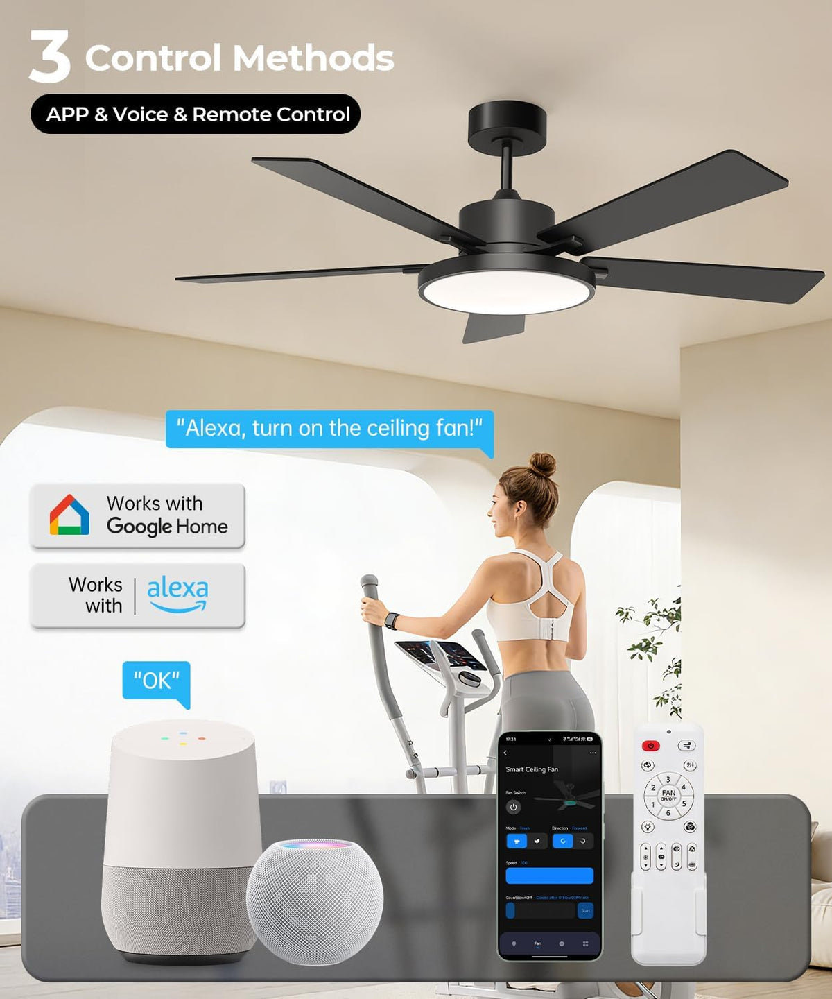 RGBCW Smart 52" 2600LM LED Ceiling Fan Light with Remote, Black