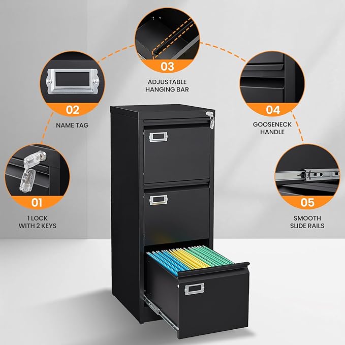 3 Drawer File Cabinet with Lock, Metal Filing Cabinets