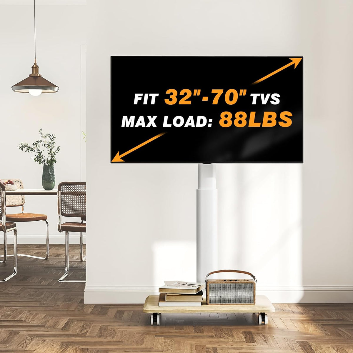 TVON Rolling TV Stand for 32-70 Inch TVs,Elegant Floor TV Stand with Wheels