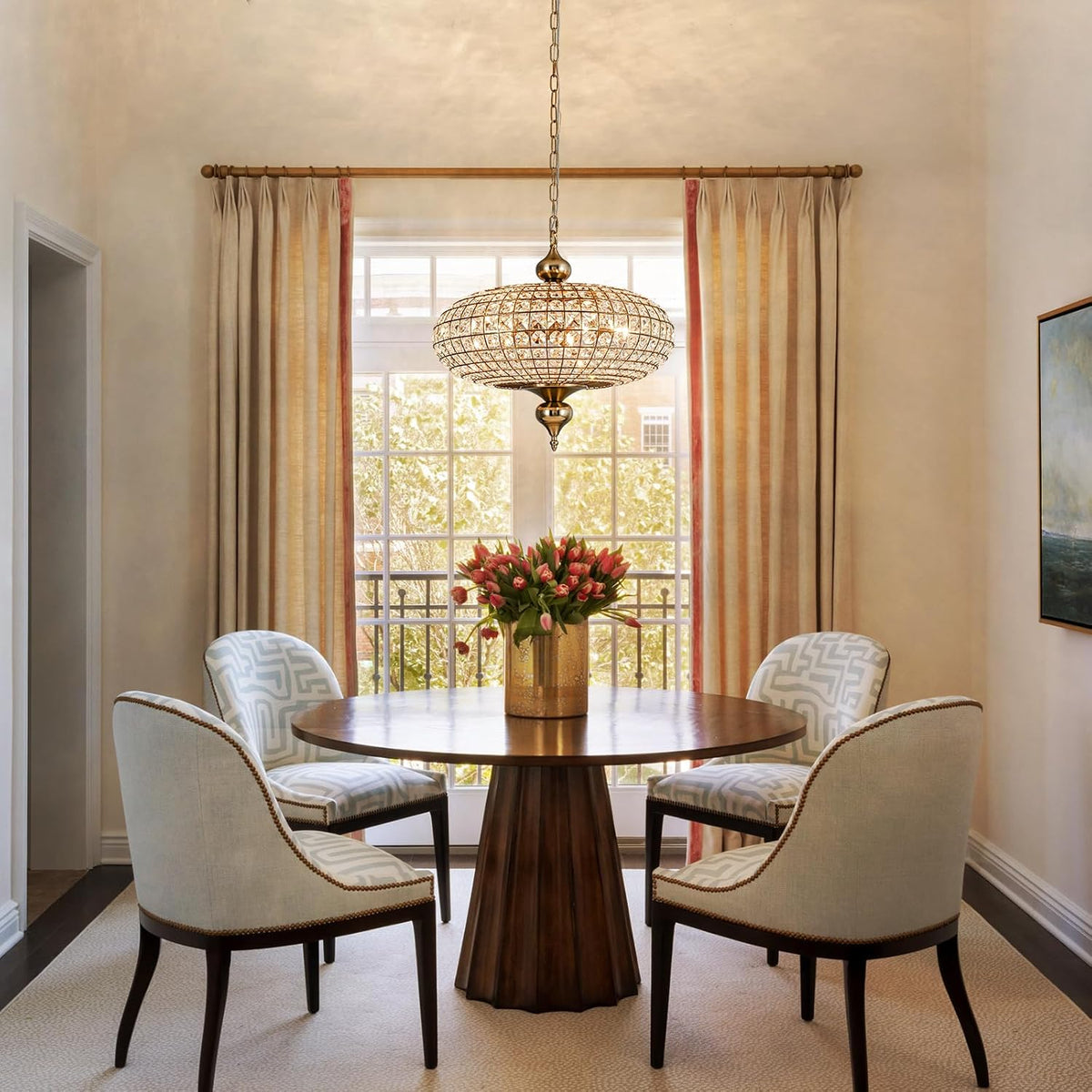 Brass Crystal Chandelier 20.5" Vintage Dining Room Chandelier Over Table