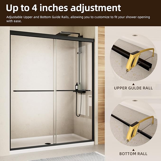 Shower Door, 50-54" W x 70" H Semi-Frameless Double Sliding Glass S...
