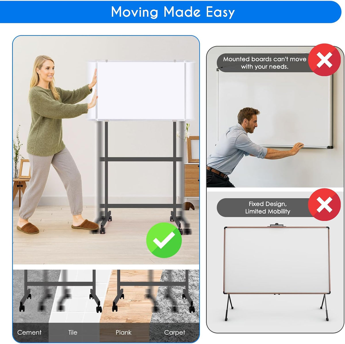 Maxtek Mobile Whiteboard Stand with Wheels, Stand Only, No Drill (Black