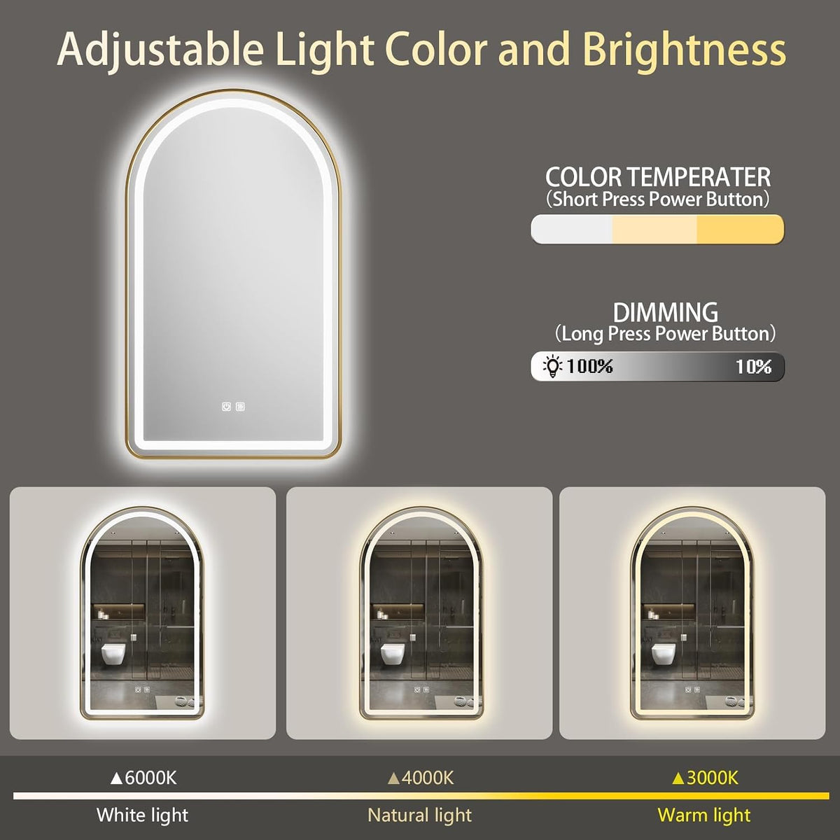 24x36 inch Gold Tempered Glass LED Arched Mirror