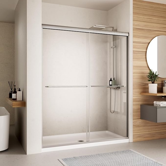 Shower Door, 56-60" W x 70" H Semi-Frameless Double Sliding Glass S...