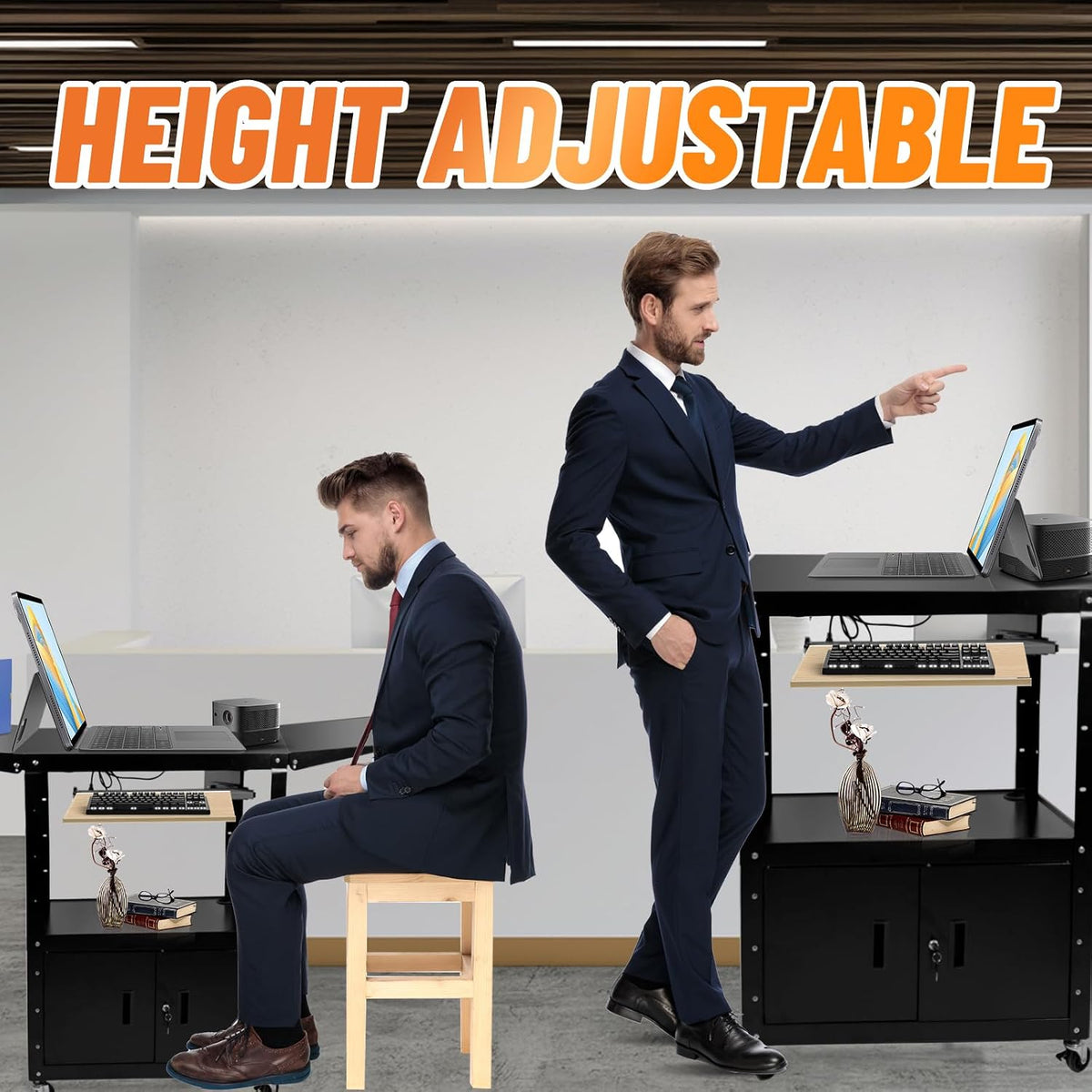Large Steel AV Cart with Locking Cabinet and Pullout Keyboard Tray, Adjustabl...