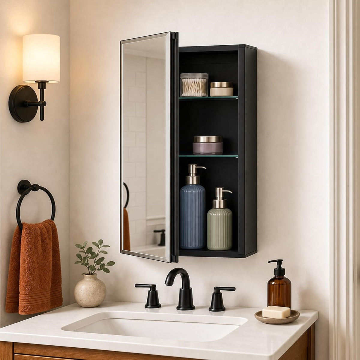 14 x 24 Black Aluminum Medicine Cabinet with Mirror, Recessed/Surface Mount