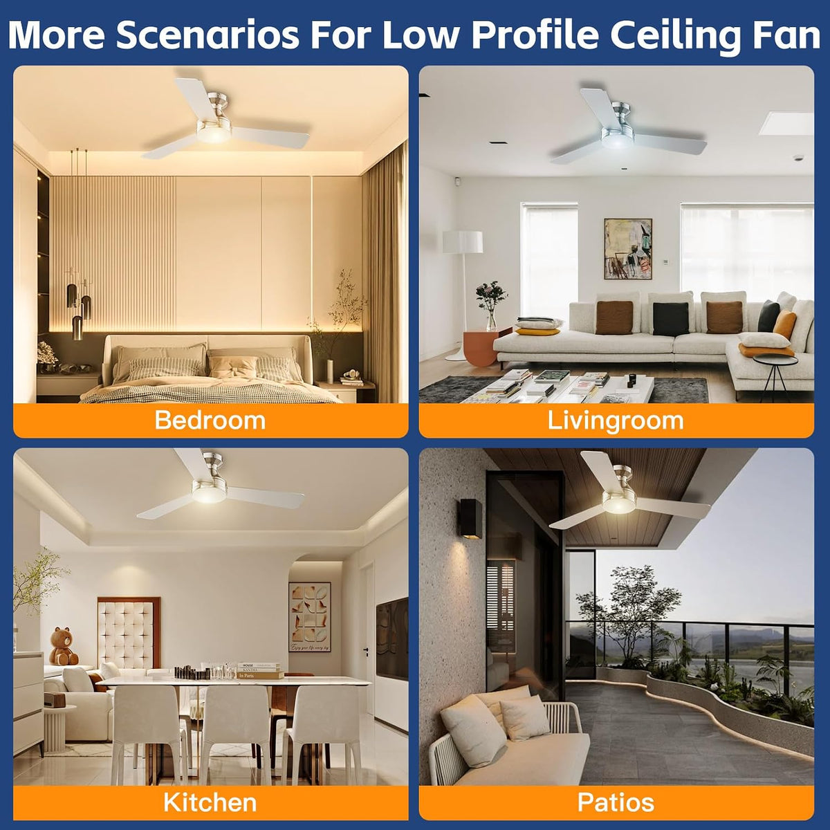 42 Inch Ceiling Fans with Lights And Remote, 3CCT/Flush Moun/6 Speed/Nickel