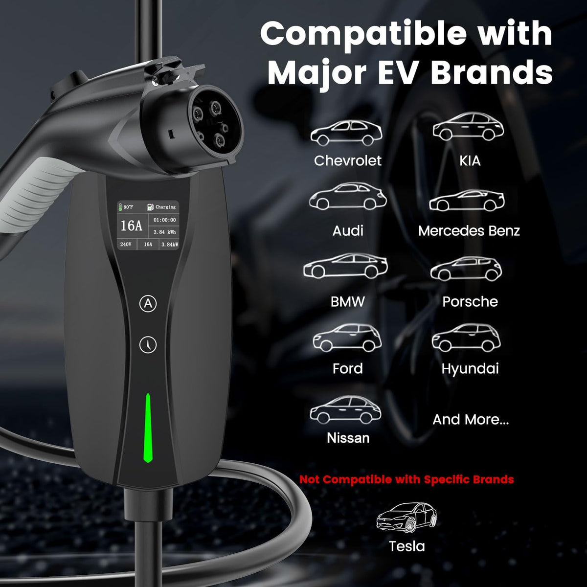 SEGUMA Level 1/2 EV Charger, 16Amp Adjustable Current for J1772 BEVs/PHEVs