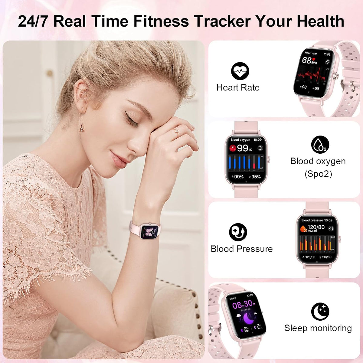 Smart Watch for Women 3 Bands 1.83" HD Fitness Tracker Sleep Monitor Pink