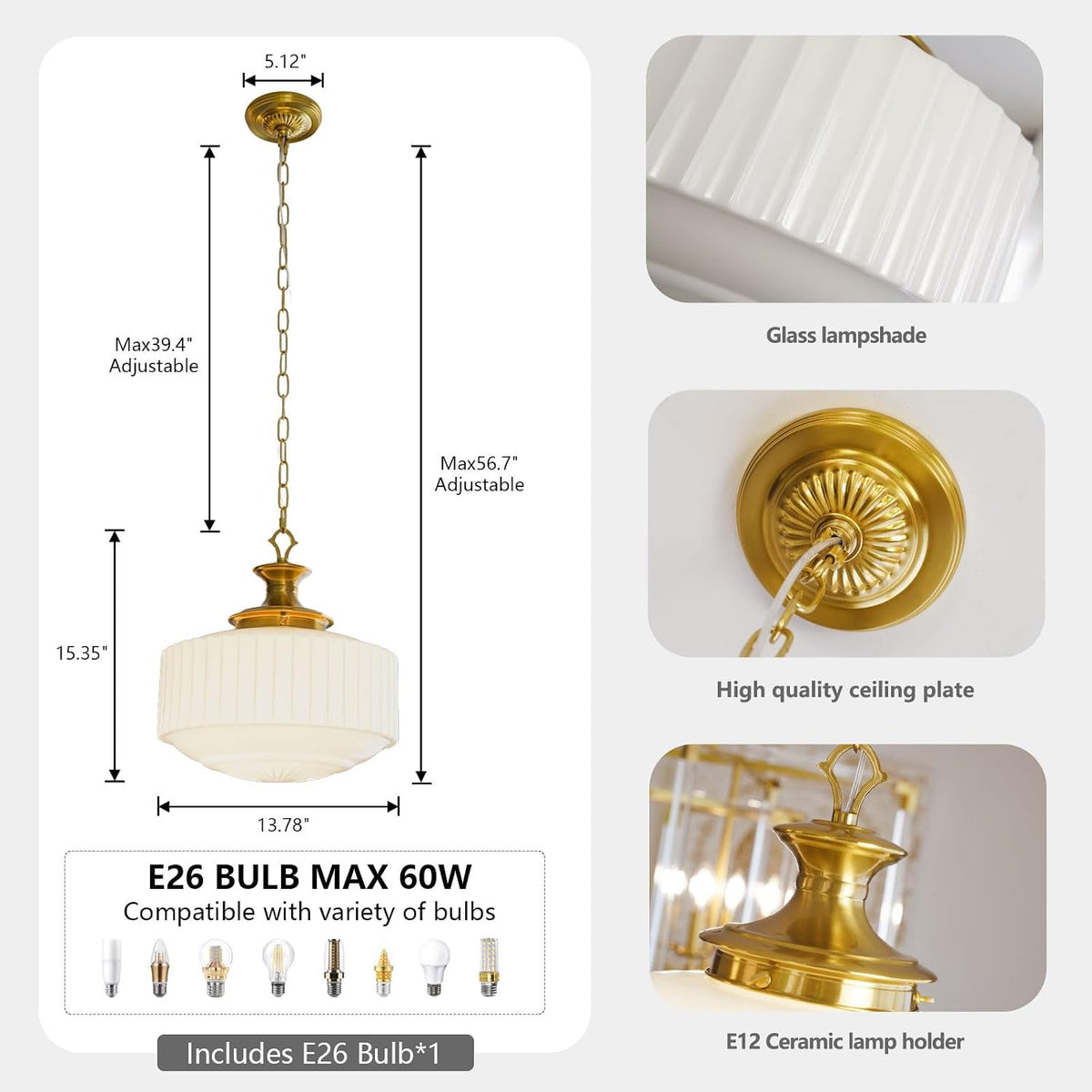 Vintage Brass Milk Glass Pendant Light Fixture, 13.8" White Pleated Glas...