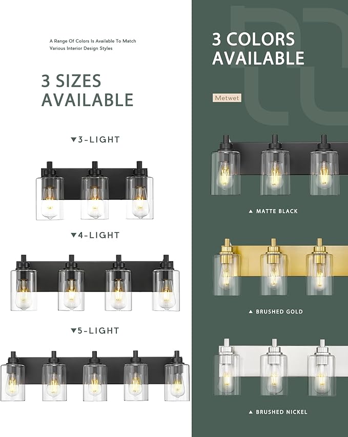 METWET 4-Light Bathroom Light Fixtures, Modern Vanity Lighting Fixtures Over