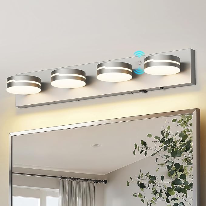 26" Motion Sensor Vanity Light Brushed Nickel, 3CCT 4-Light Modern LED B...