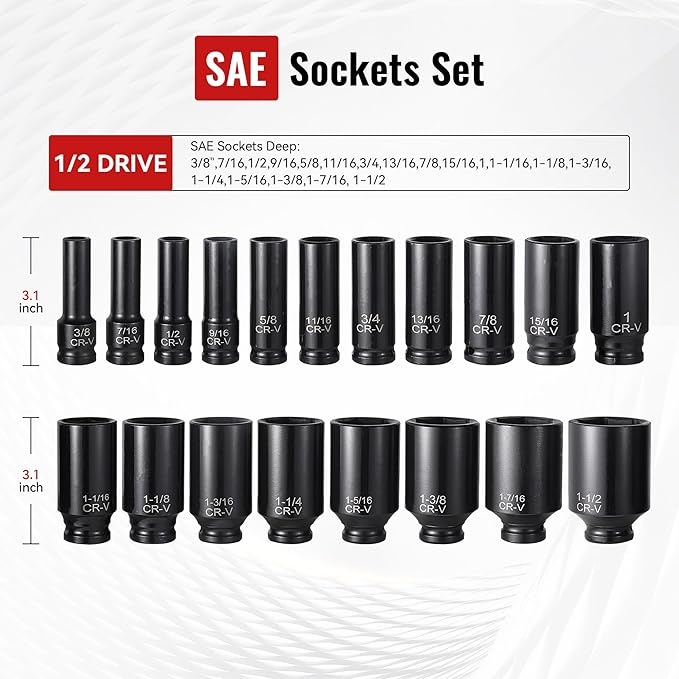 25-Piece 1/2" Drive Socket Set, Deep Sockets, Extension Bars, 1/2" ...