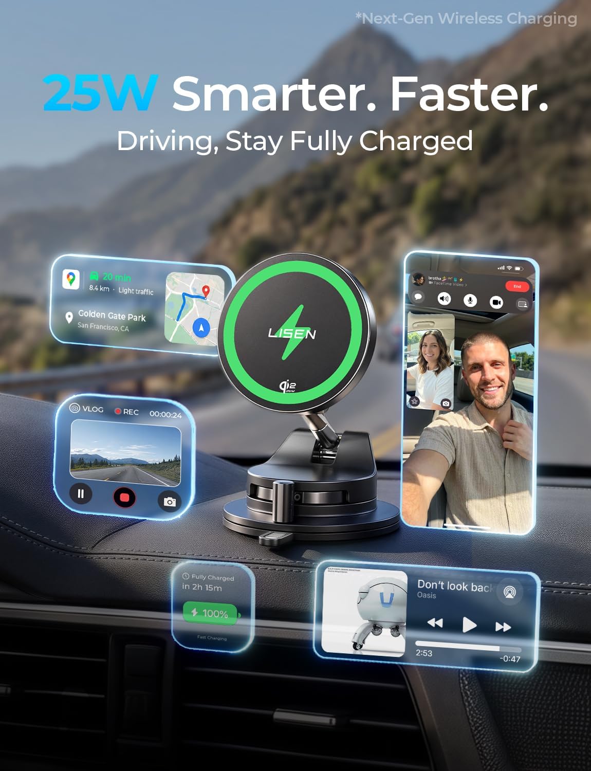 LISEN Qi2.2 25W MagSafe Car Mount Charger, Magnetic Wireless Car Charger