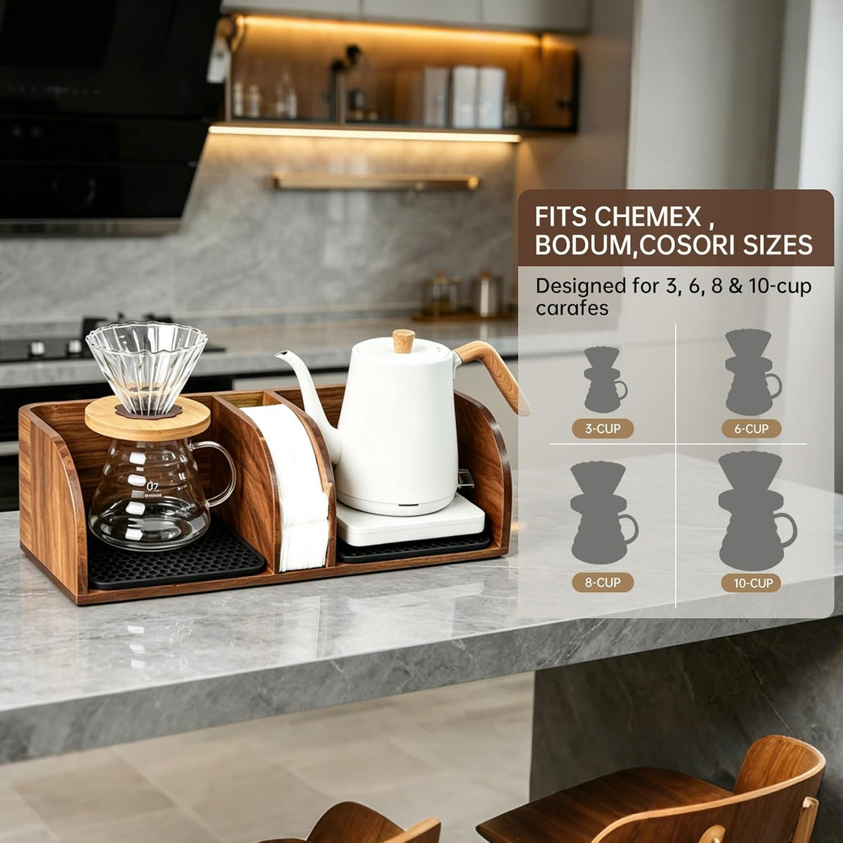 Acacia Coffee Bar Station Organizer Stand Caddy for Chemex Pour Over Maker