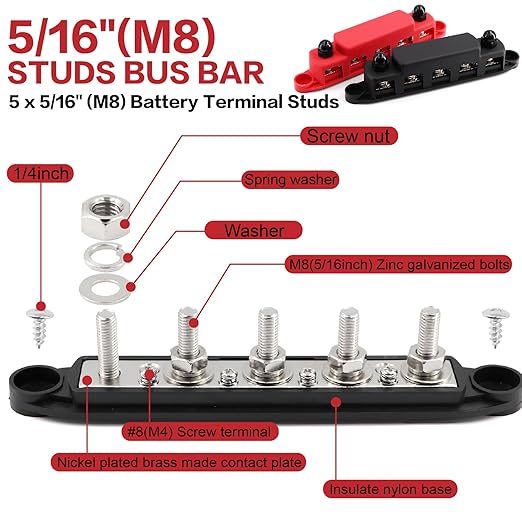 Tuijodaix 300A Bus Bar 5 Post 12V-48V DC Power Distribution Block, 5 * 5/16&q...