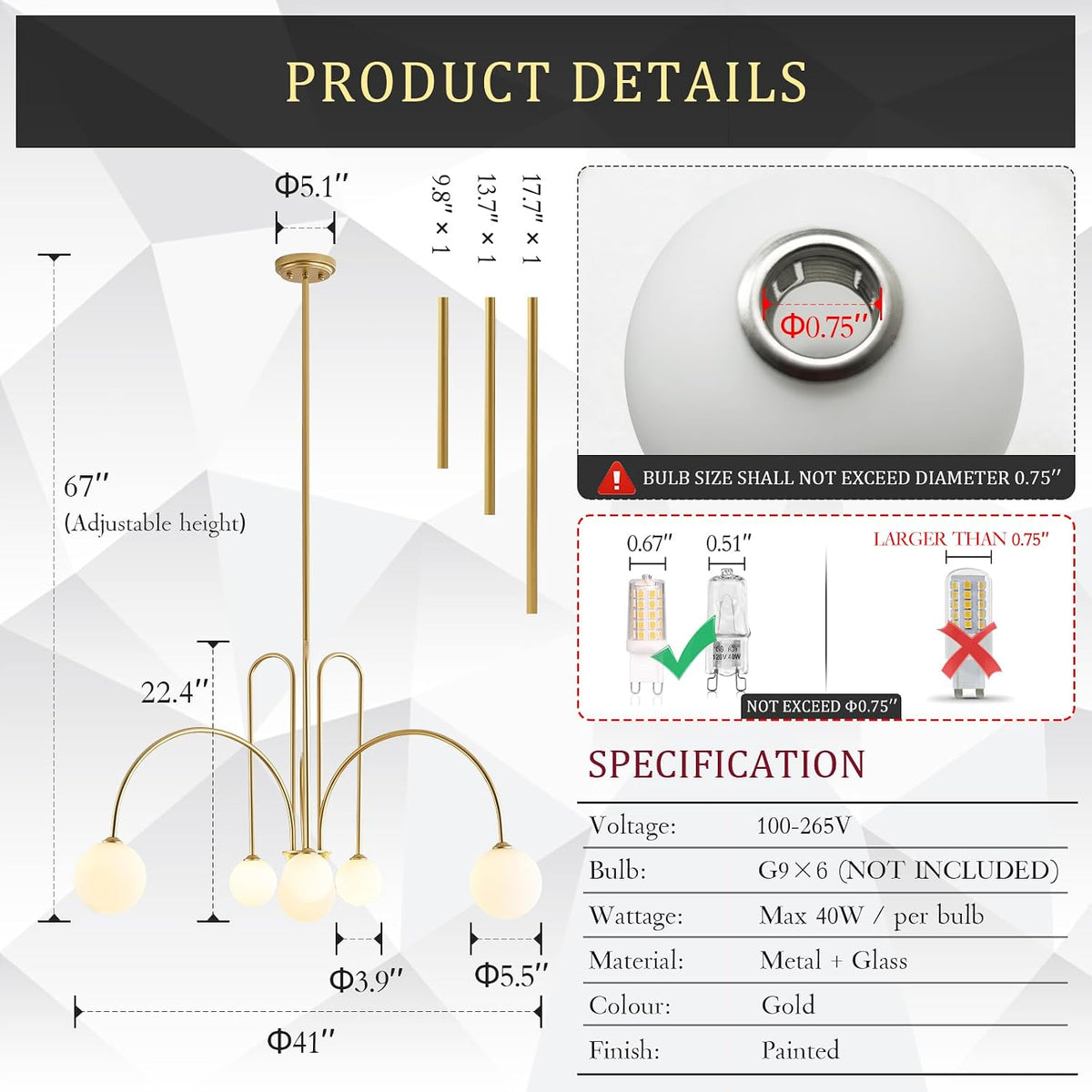 CATINER Modern 40" 6-Light Gold Sputnik Chandelier with Milk Glass Globe