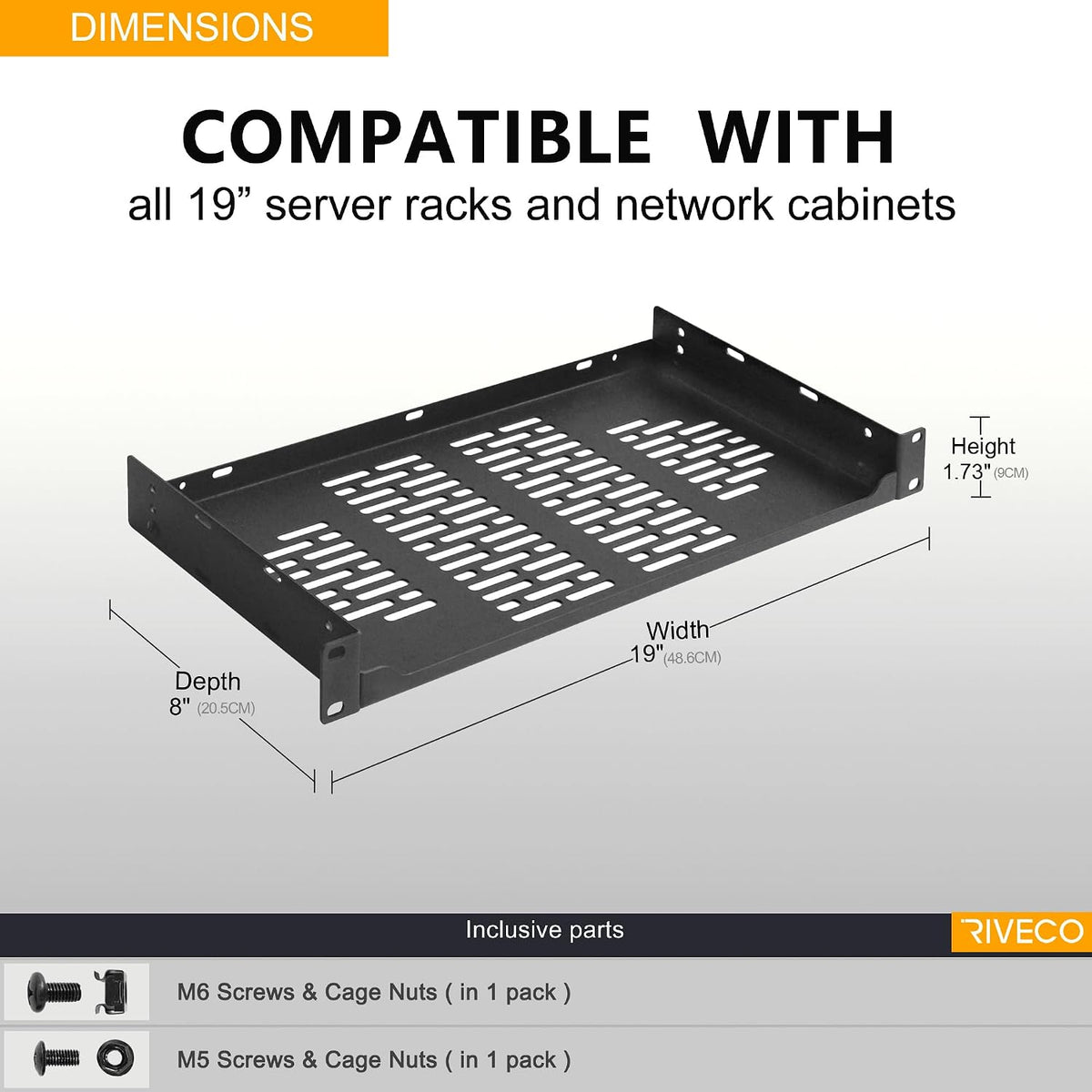 RIVECO 2 PCS 8” Rack Shelves for 19 inches Network Rack & Cabinets, 1U Ra...