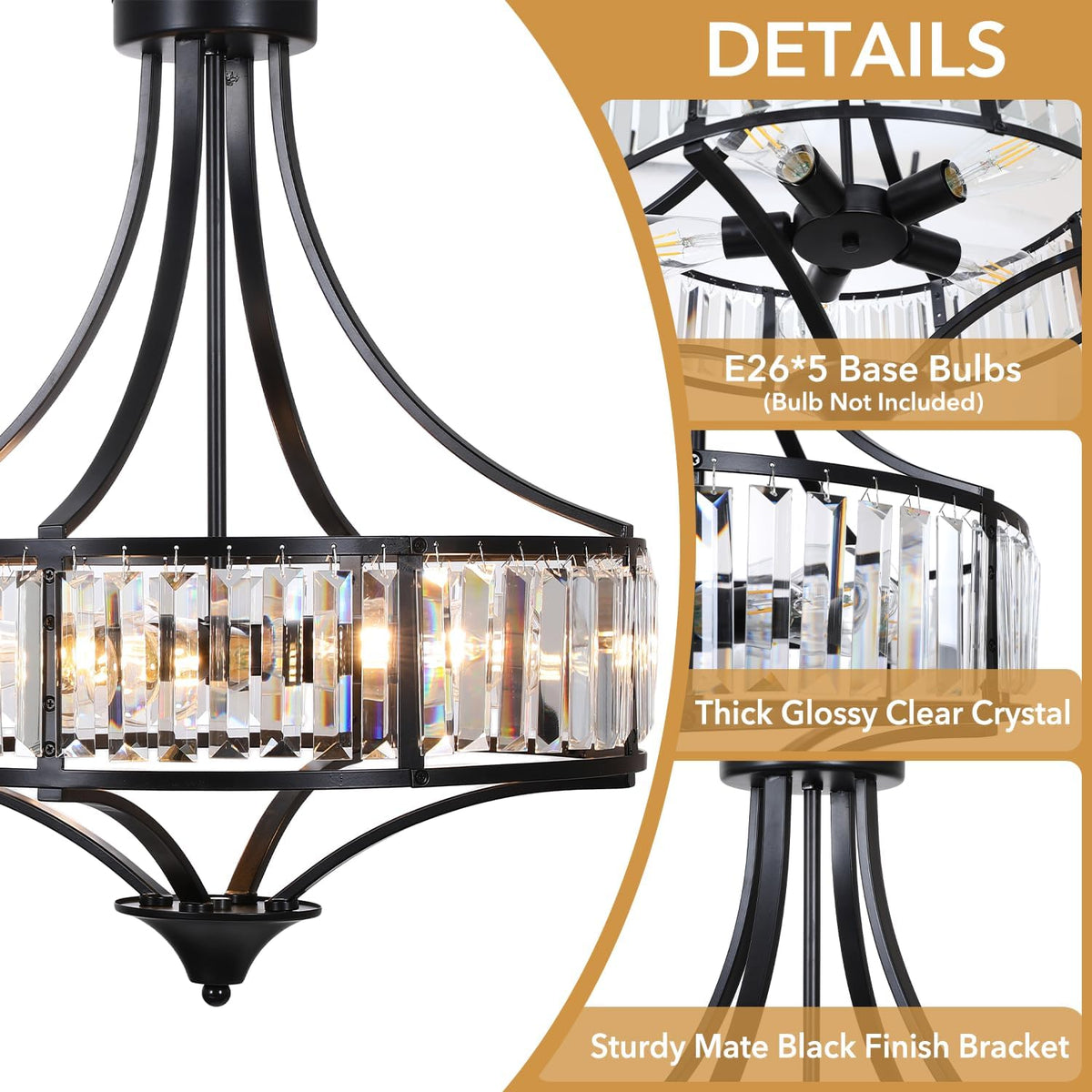 5-Light Black Crystal Chandelier, Modern Farmhouse Dining Room Light Fixture ...