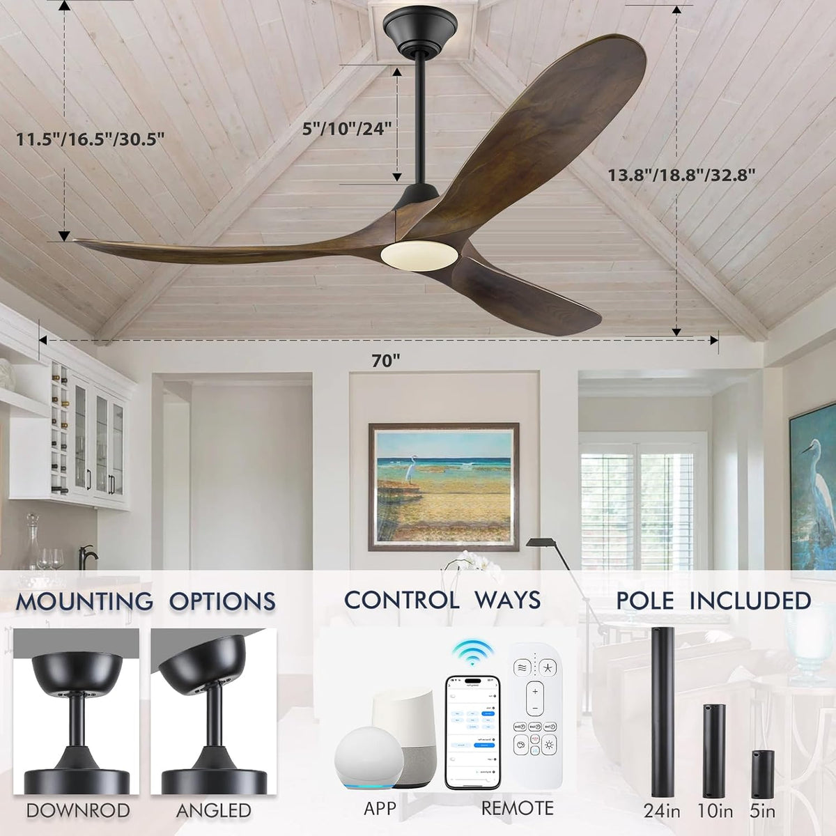 70 Inch Smart Large Ceiling Fan with Light, 3 Wood Propeller Blades