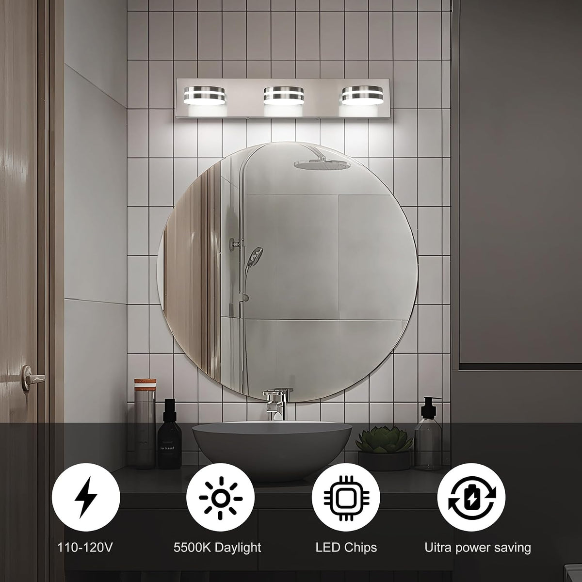 3-Light Bathroom Vanity Light, Brushed Nickel Bathroom Light Fixtures Over Mi...