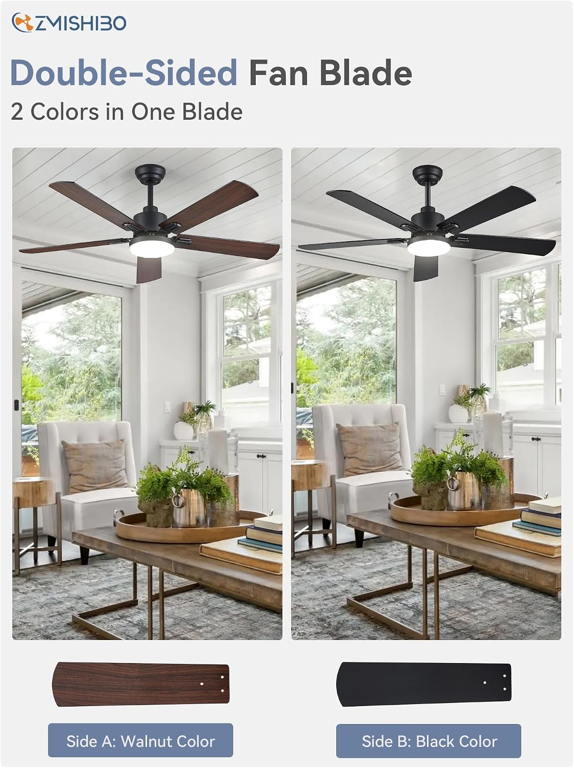 ZMISHIBO 2 Pack 52" Ceiling Fan with Light and Remote, Black Modern Indoor