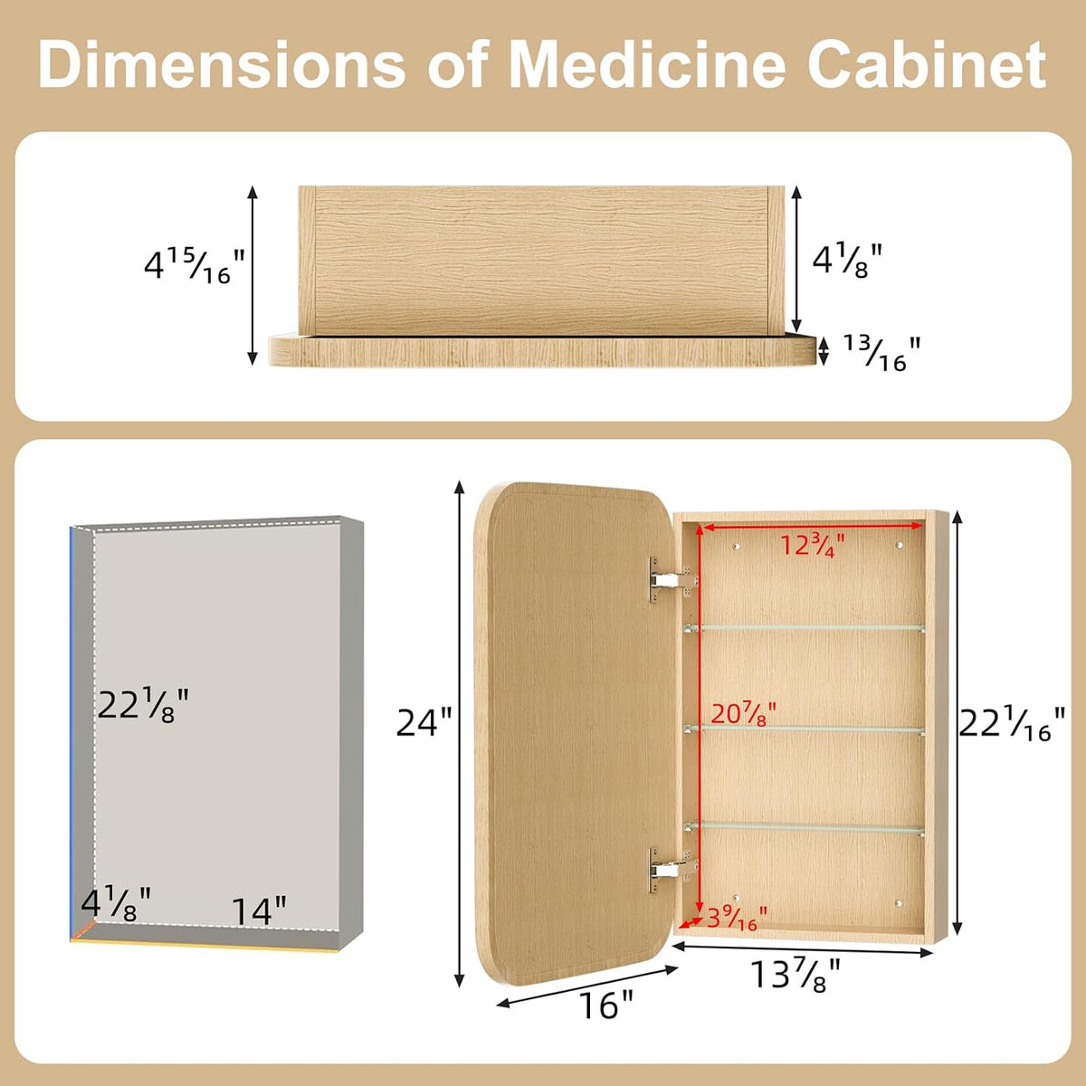 16x24 Inch Wood Medicine Cabinet with Mirror for Bathroom, Oak