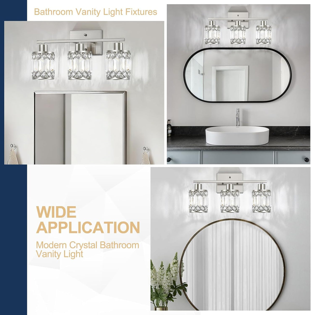 Crystal Modern Bathroom Light Fixtures, 3-Light Brushed Nickel Bathroom Vanit...