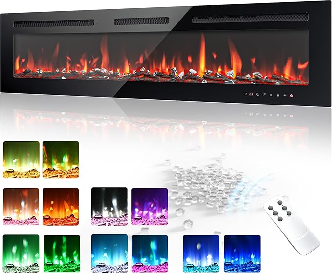 EUHOMY 60 Inch Electric Fireplace Wall Recessed and Wall Mounted