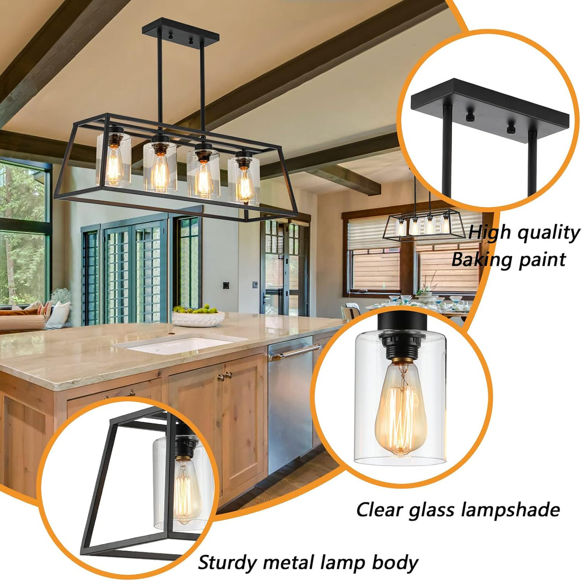4-Light Black Farmhouse Chandelier for Dining Room Light Fixture