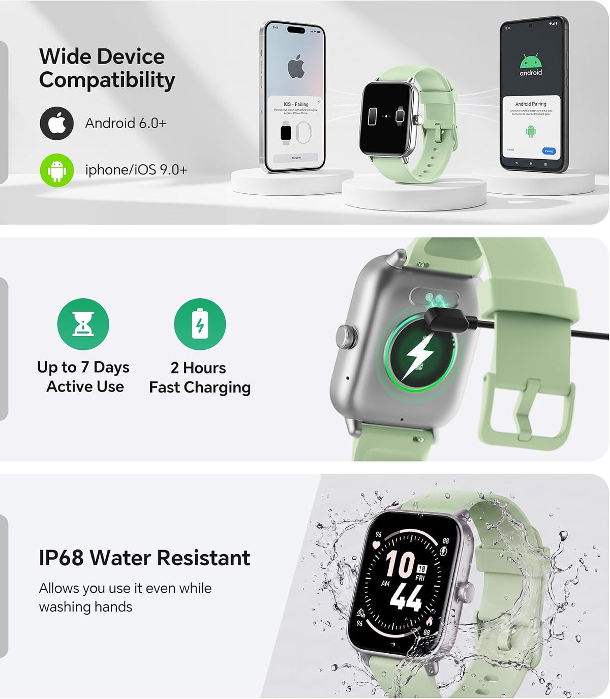Quican Smart Watch for Women Men, Fitness Tracker iOS Android, Light Green