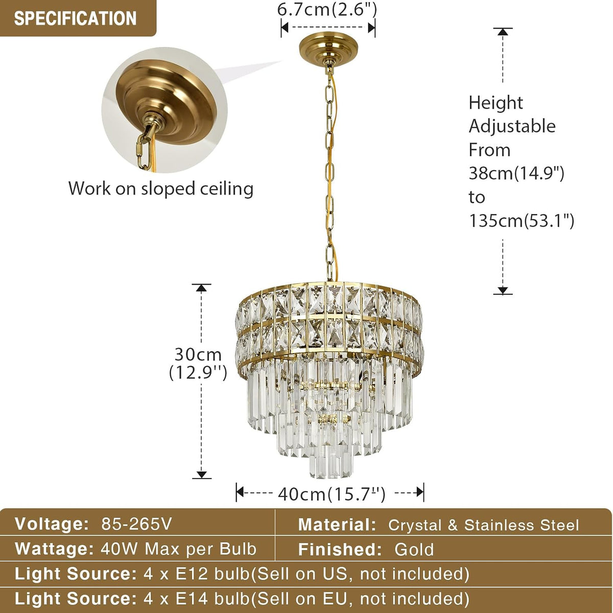 Modern Crystal Chandelier Gold Pendant, Round Crystal Light Fixture Hanging L...